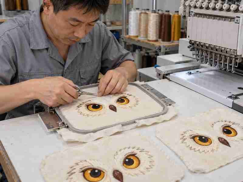 04-02 IPQC Quality Gates Control Technician trims thread on an embroidered owl panel-5